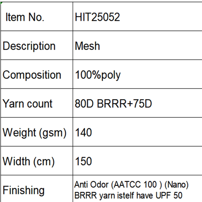 HIT25052 BRRR double knit mesh for shorts and top Anti Odor and UPF 50 cooling