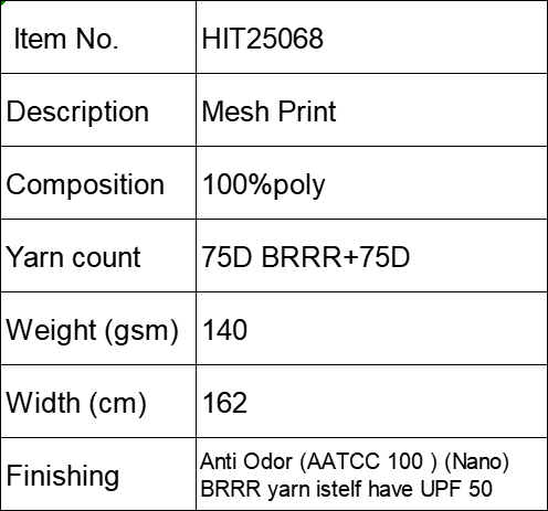 HIT25068 BRRR double knit mesh print for shorts and top Anti Odor and UPF 50 cooling 2026SS