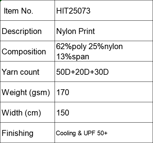 HIT25073 Nylon print  for top UPF 50 and cooling Low cost 